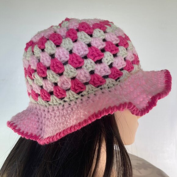 Crochet Bucket Hat Granny Square Pattern Pink and White Adult Size Handmade
